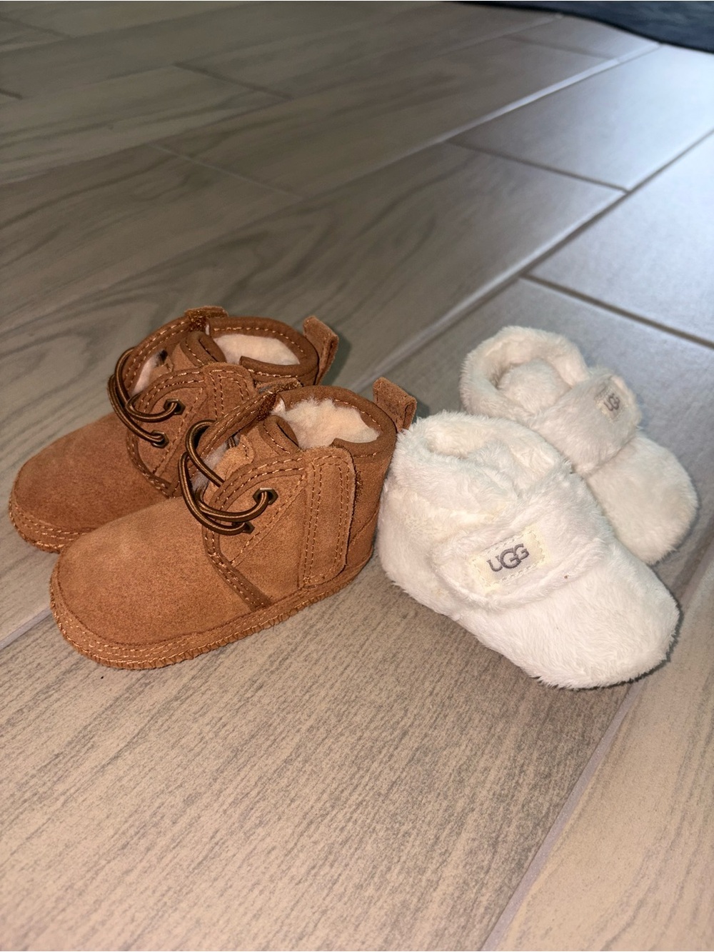 UGG Baby Chestnut Suede Boots & Cream Fuzzy Slippers Set
